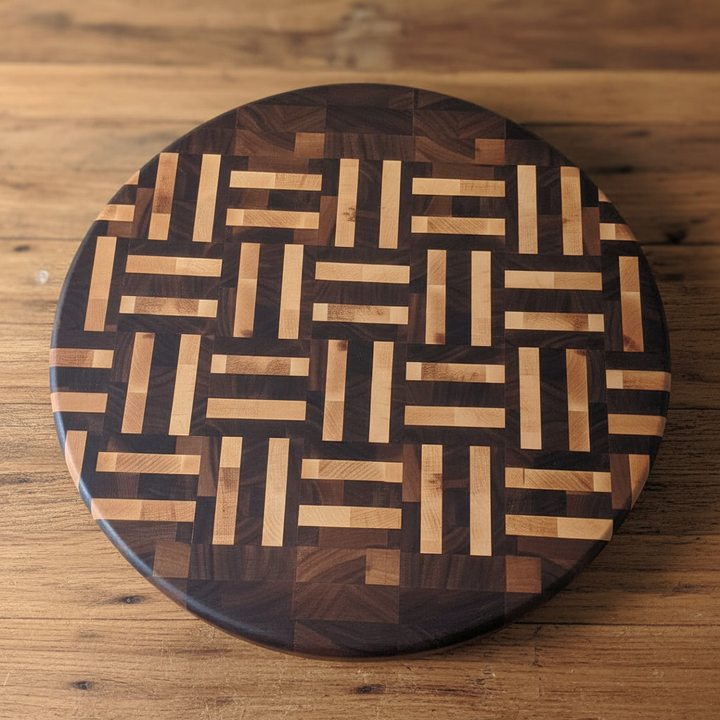 Handcrafted 16" Round End‑Grain Cutting Board — Black Walnut & Northern Hard Maple with Rubber Feet