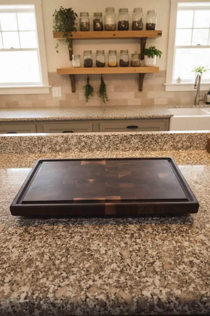 Handcrafted End‑Grain Black Walnut Cutting Board — 10 × 17.5 × 1.5" with Juice Groove & Rubber Feet