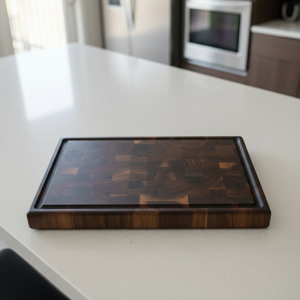 Handcrafted End‑Grain Black Walnut Cutting Board — 10 × 17.5 × 1.5" with Juice Groove & Rubber Feet