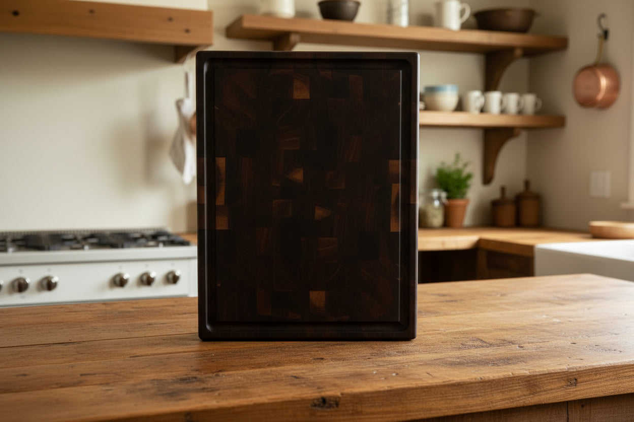 Handcrafted End‑Grain Black Walnut Cutting Board — 10 × 17.5 × 1.5" with Juice Groove & Rubber Feet