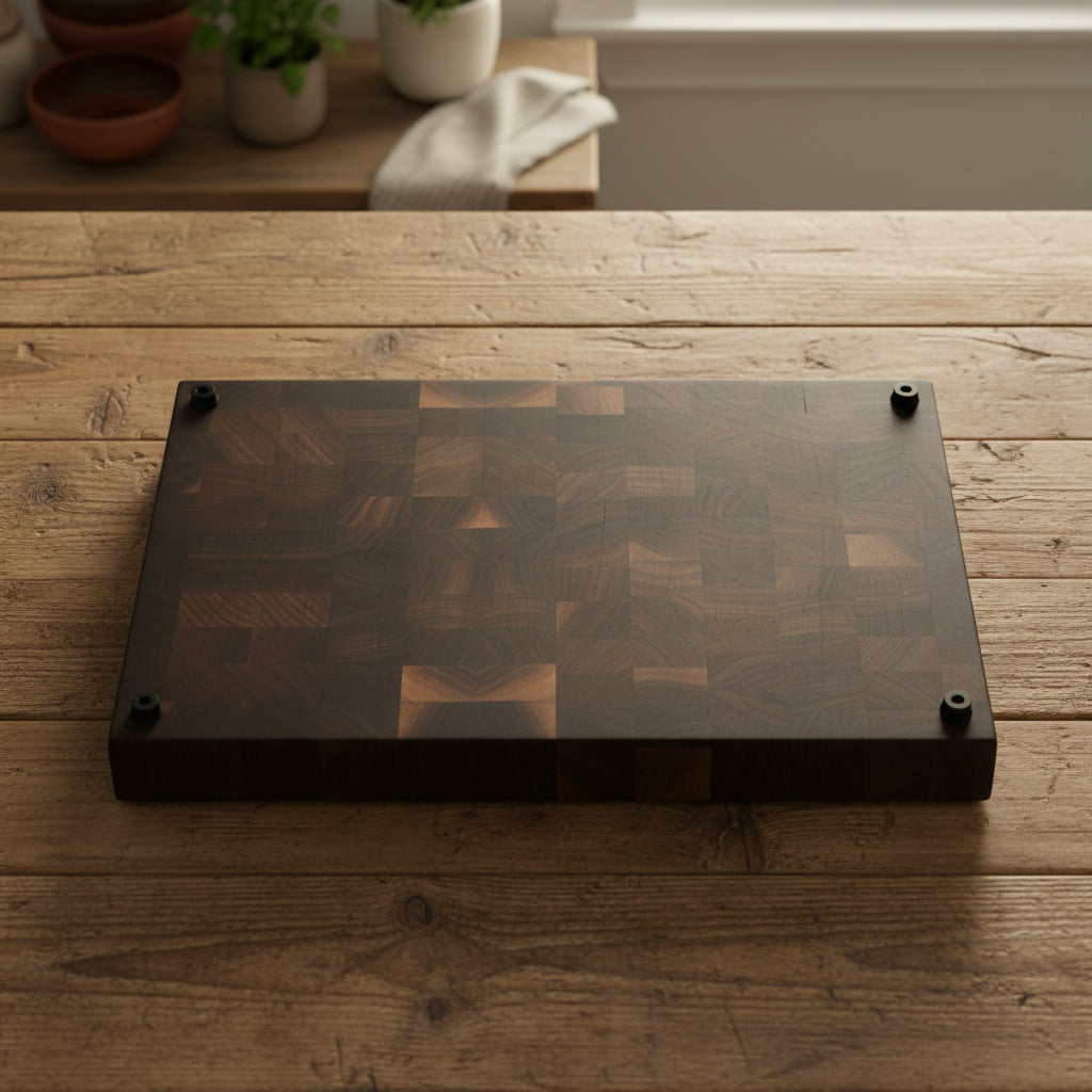 Handcrafted End‑Grain Black Walnut Cutting Board — 10 × 17.5 × 1.5" with Juice Groove & Rubber Feet