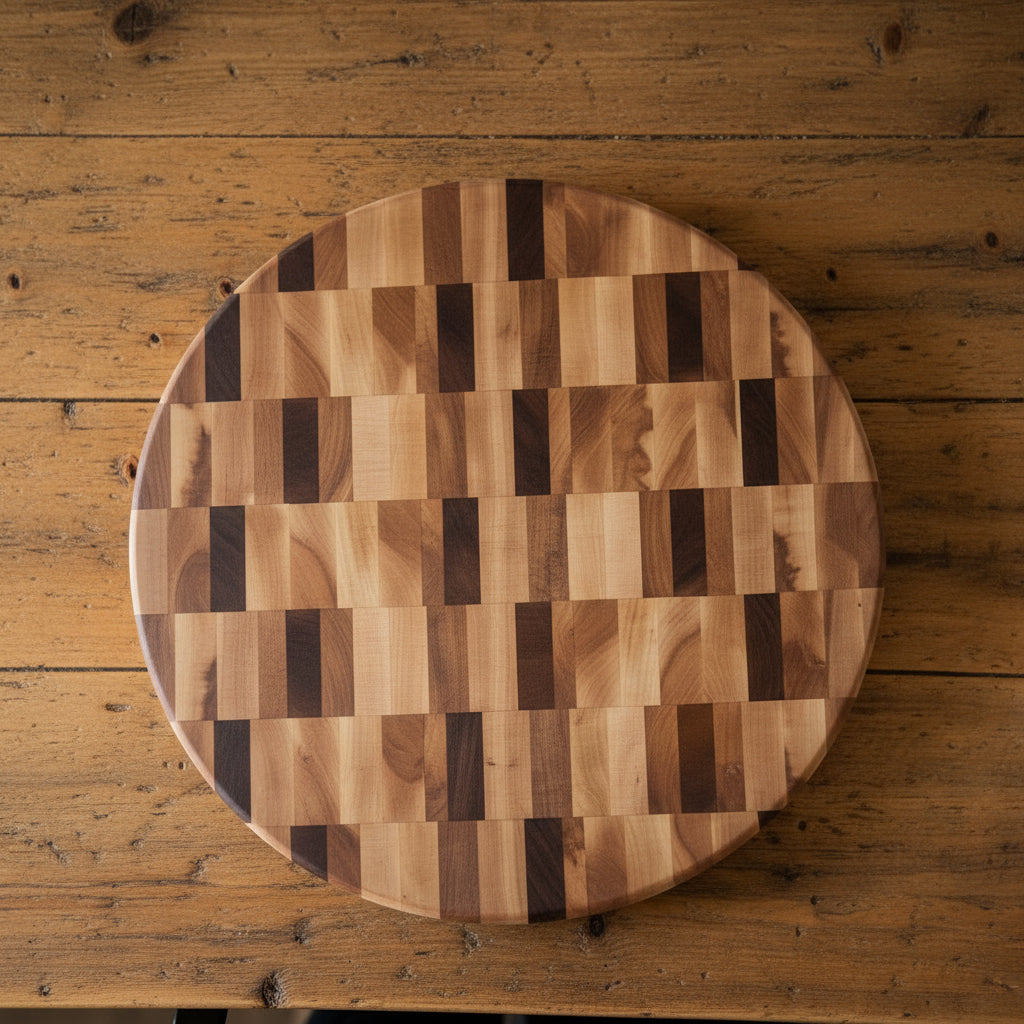 Handcrafted 16" Round End‑Grain Butcher Block — Northern Hard Maple & Black Walnut (2.5" Thick) with Handholds & Rubber Feet
