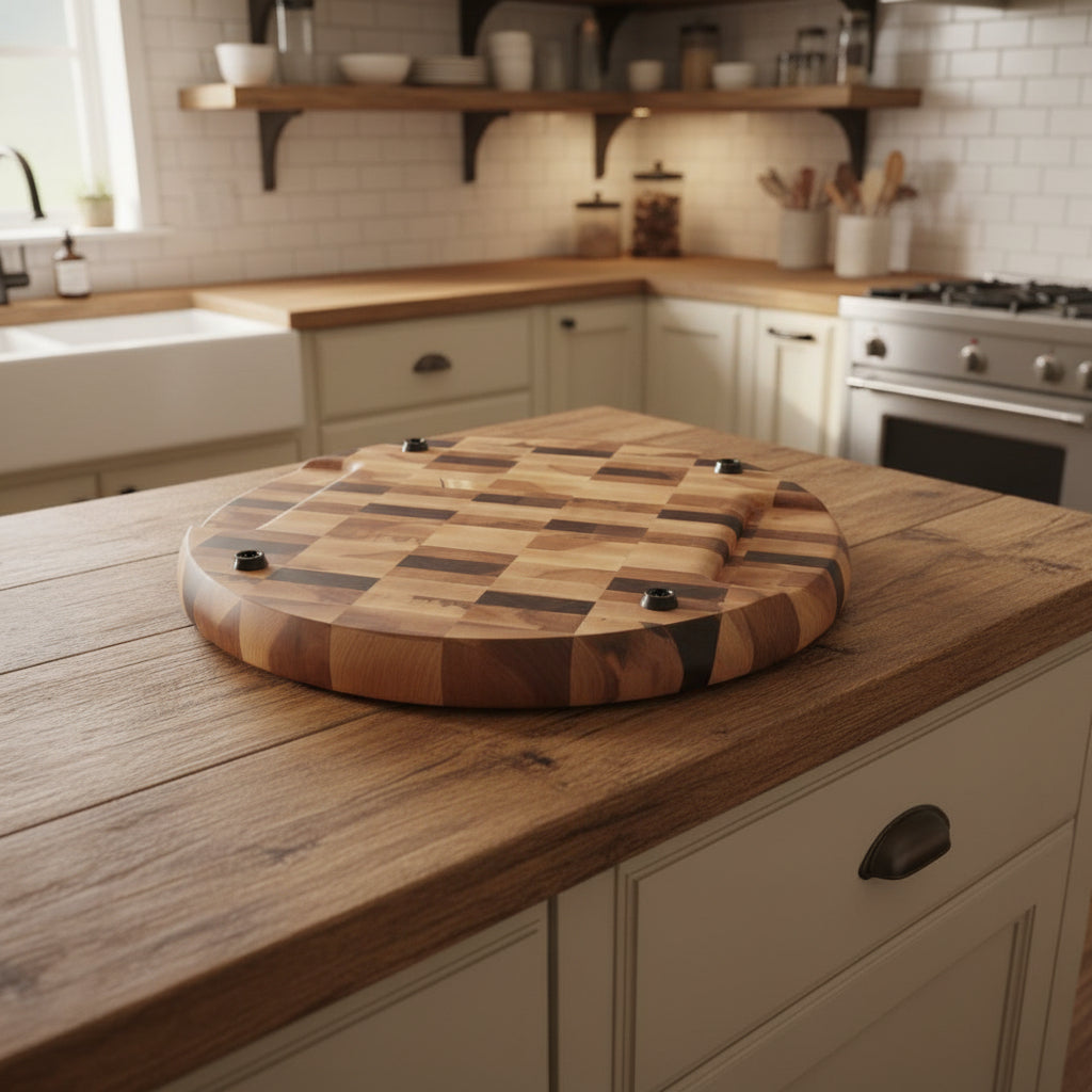 Handcrafted 16" Round End‑Grain Butcher Block — Northern Hard Maple & Black Walnut (2.5" Thick) with Handholds & Rubber Feet