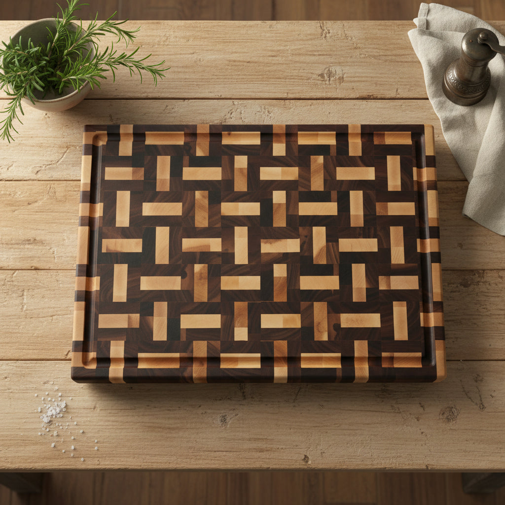 Handcrafted End Grain Cutting Board – 15" × 21" × 2" Walnut & Hard Maple Basket Weave with Juice Groove + Rubber Feet