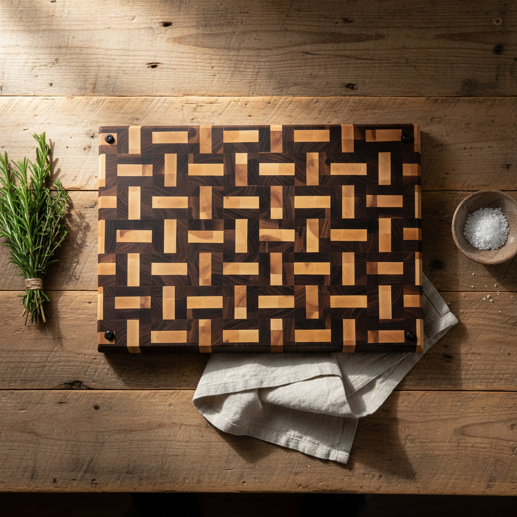 Handcrafted End Grain Cutting Board – 15" × 21" × 2" Walnut & Hard Maple Basket Weave with Juice Groove + Rubber Feet