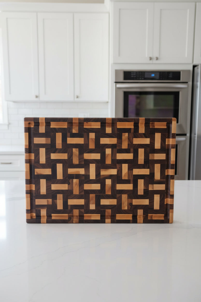 Handcrafted End Grain Cutting Board – 15" × 21" × 2" Walnut & Hard Maple Basket Weave with Juice Groove + Rubber Feet