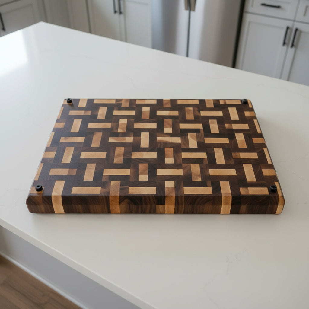Handcrafted End Grain Cutting Board – 15" × 21" × 2" Walnut & Hard Maple Basket Weave with Juice Groove + Rubber Feet