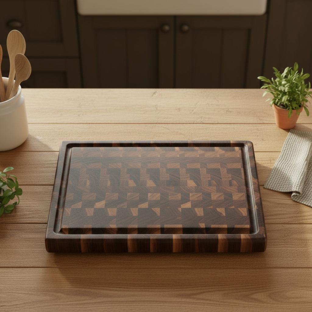 Handcrafted End‑Grain Black Walnut Cutting Board — 12 × 18 × 1.5" with Juice Groove & Rubber Feet