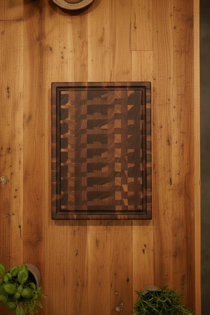Handcrafted End‑Grain Black Walnut Cutting Board — 12 × 18 × 1.5" with Juice Groove & Rubber Feet
