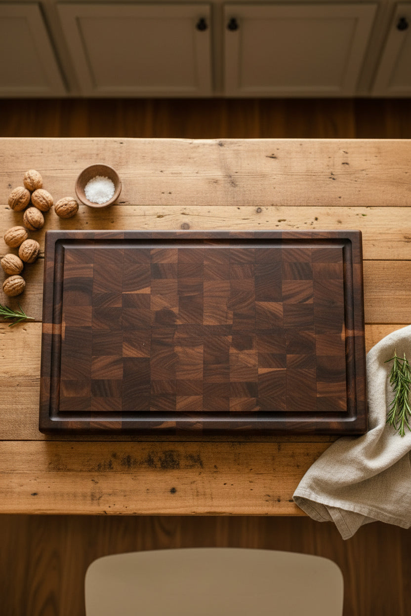 Handcrafted End‑Grain Black Walnut Cutting Board — 12 × 18 × 2" with Handholds, Juice Groove & Rubber Feet