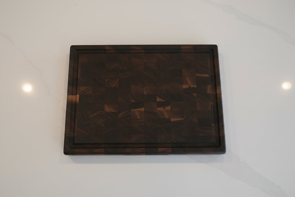 Handcrafted End‑Grain Black Walnut Cutting Board — 12 × 18 × 2" with Handholds, Juice Groove & Rubber Feet