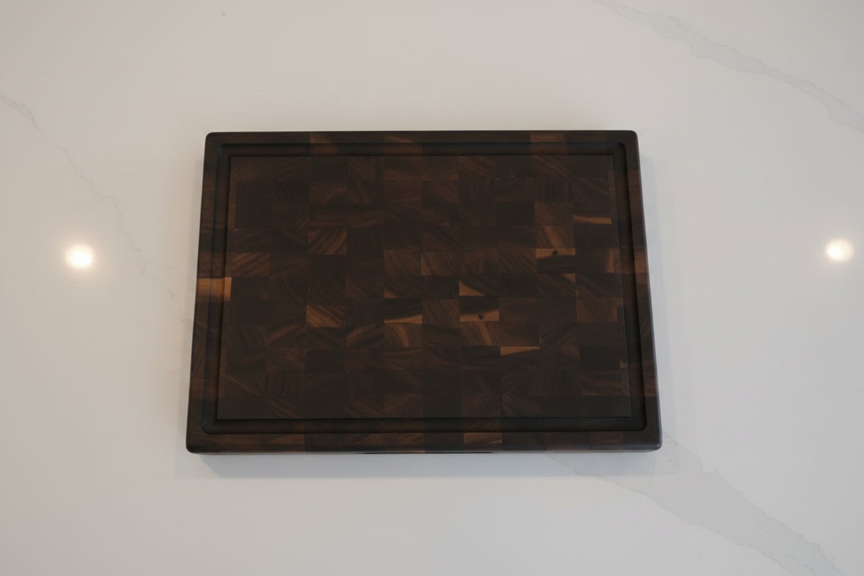 Handcrafted End‑Grain Black Walnut Cutting Board — 12 × 18 × 2" with Handholds, Juice Groove & Rubber Feet