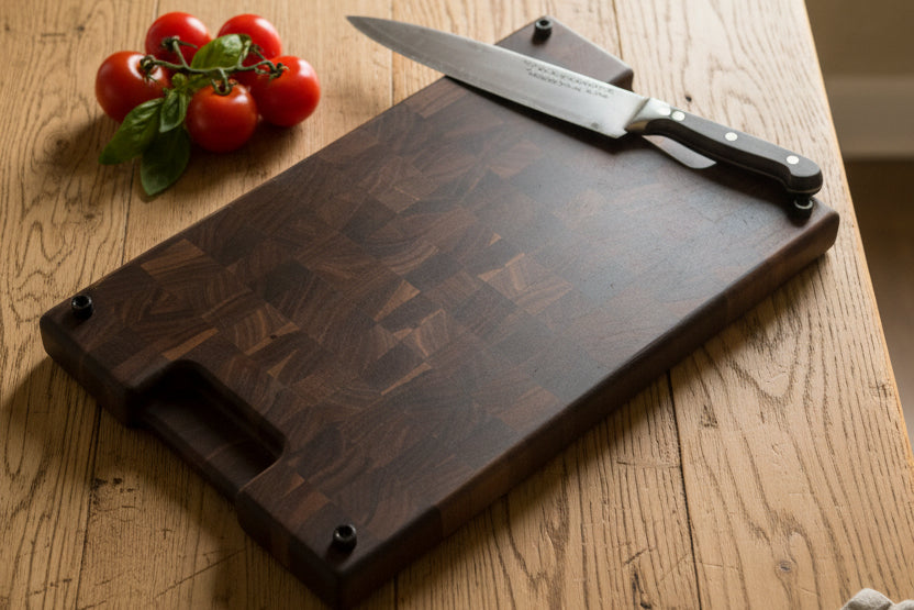 Handcrafted End‑Grain Black Walnut Cutting Board — 12 × 18 × 2" with Handholds, Juice Groove & Rubber Feet