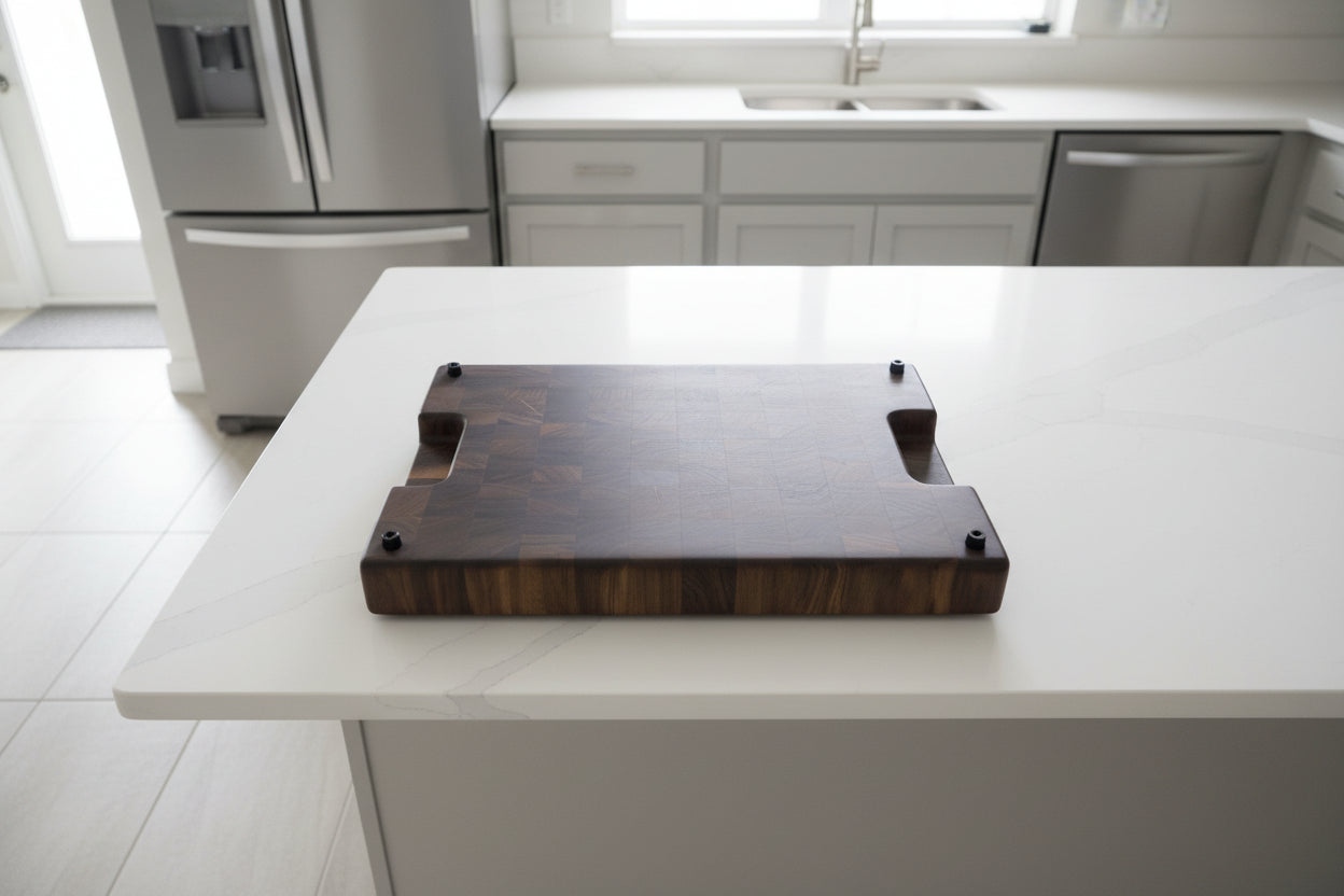 Handcrafted End‑Grain Black Walnut Cutting Board — 12 × 18 × 2" with Handholds, Juice Groove & Rubber Feet