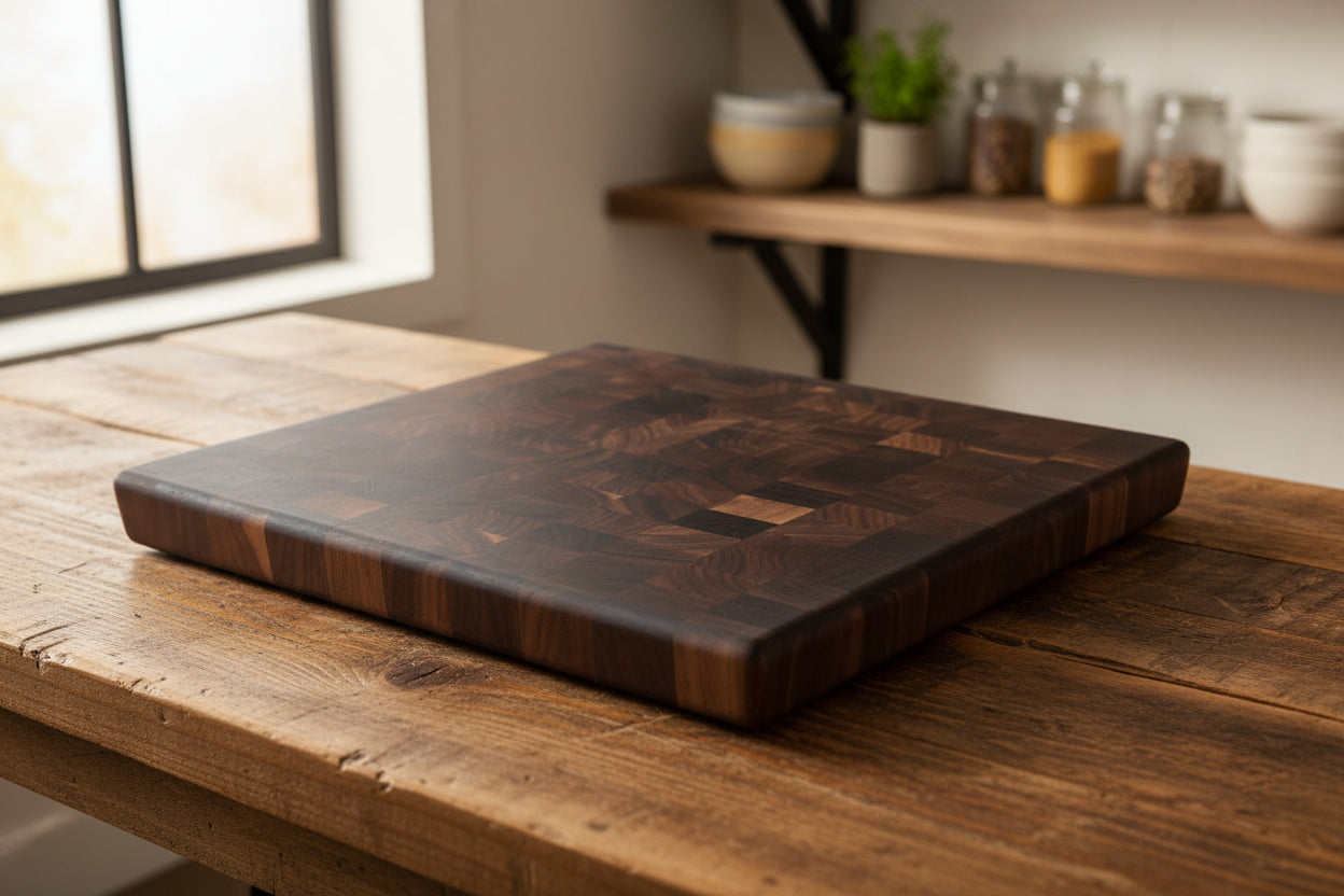 Handcrafted End‑Grain Black Walnut Cutting Board — 11.5 × 15 × 1.5" with Rubber Feet
