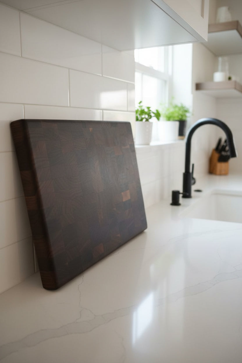 Handcrafted End‑Grain Black Walnut Cutting Board — 11.5 × 15 × 1.5" with Rubber Feet