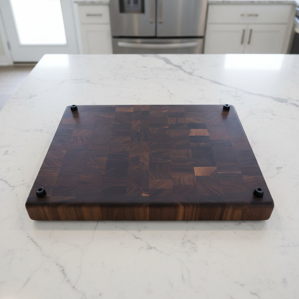 Handcrafted End‑Grain Black Walnut Cutting Board — 11.5 × 15 × 1.5" with Rubber Feet