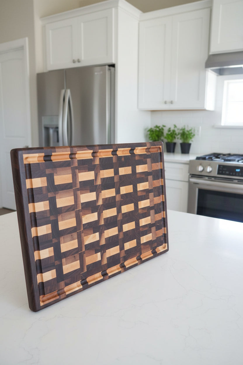 Handcrafted XL End‑Grain Butcher Block — 14 × 19 × 2" Northern Hard Maple & Black Walnut with Handholds, Juice Groove & Rubber Feet