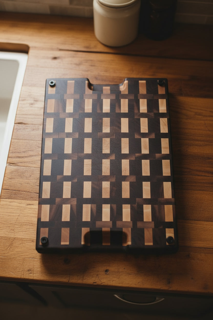 Handcrafted XL End‑Grain Butcher Block — 14 × 19 × 2" Northern Hard Maple & Black Walnut with Handholds, Juice Groove & Rubber Feet