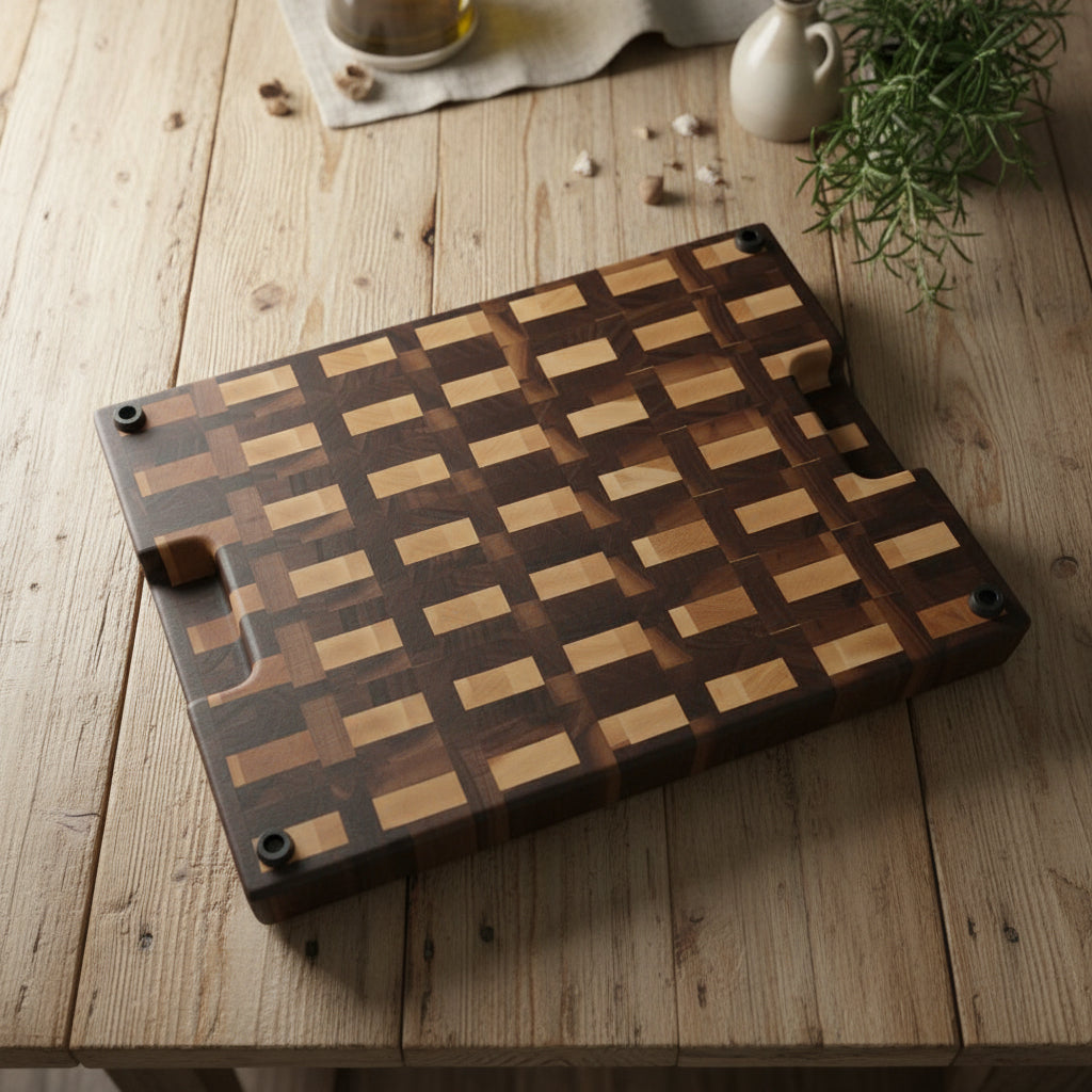 Handcrafted XL End‑Grain Butcher Block — 14 × 19 × 2" Northern Hard Maple & Black Walnut with Handholds, Juice Groove & Rubber Feet