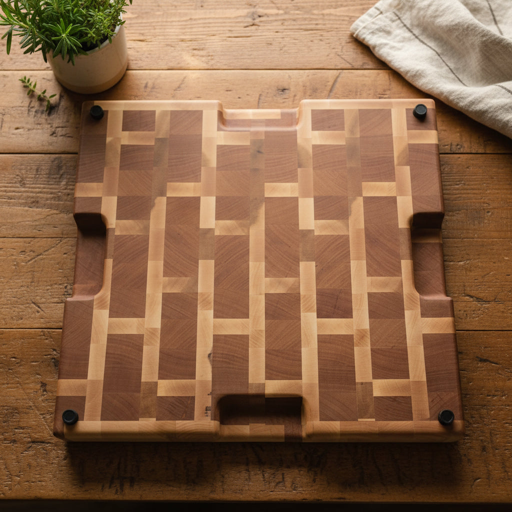 Handcrafted XL End‑Grain Butcher Block — 17.25 × 18.75 × 2" Northern Hard Maple & Cherry with 4 Handholds, Juice Groove & Rubber Feet