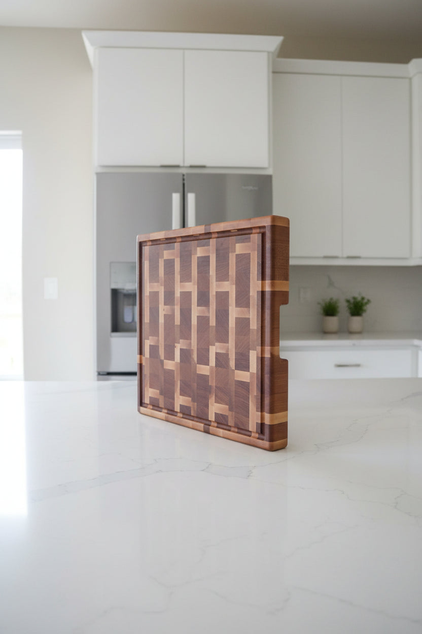 Handcrafted XL End‑Grain Butcher Block — 17.25 × 18.75 × 2" Northern Hard Maple & Cherry with 4 Handholds, Juice Groove & Rubber Feet