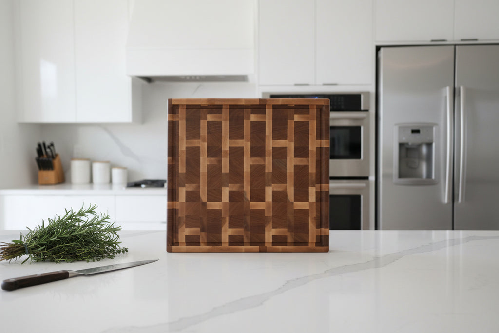 Handcrafted XL End‑Grain Butcher Block — 17.25 × 18.75 × 2" Northern Hard Maple & Cherry with 4 Handholds, Juice Groove & Rubber Feet