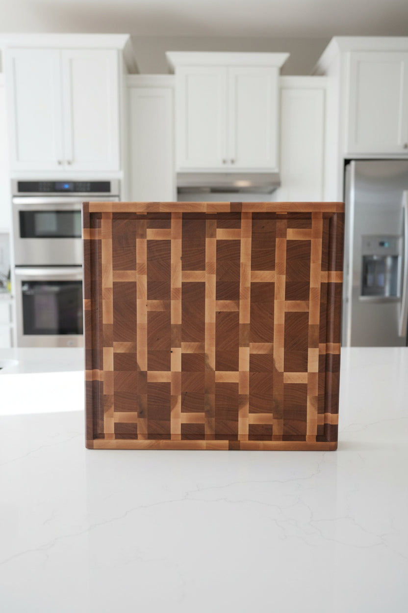 Handcrafted XL End‑Grain Butcher Block — 17.25 × 18.75 × 2" Northern Hard Maple & Cherry with 4 Handholds, Juice Groove & Rubber Feet