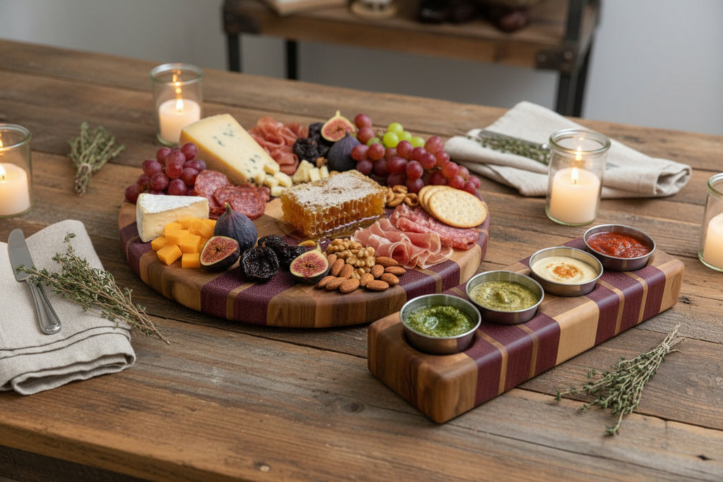 Handcrafted One‑of‑a‑Kind 12" Round End‑Grain Maple & Purpleheart Serving Tray Set — 2" Thick with Rubber Feet, Matching Sauce Block & 4 Sauce Cups