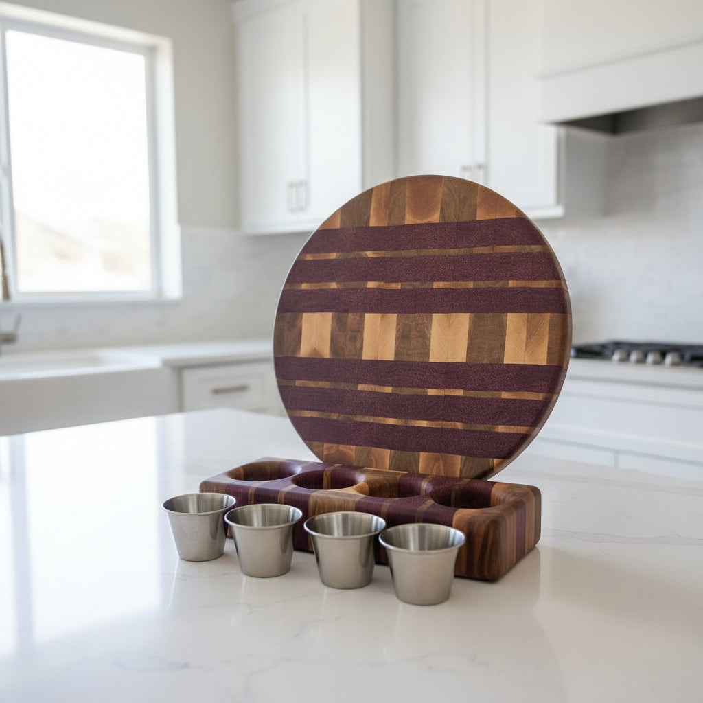Handcrafted One‑of‑a‑Kind 12" Round End‑Grain Maple & Purpleheart Serving Tray Set — 2" Thick with Rubber Feet, Matching Sauce Block & 4 Sauce Cups