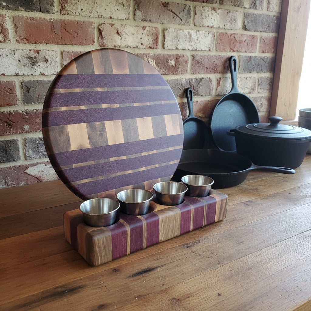 Handcrafted One‑of‑a‑Kind 12" Round End‑Grain Maple & Purpleheart Serving Tray Set — 2" Thick with Rubber Feet, Matching Sauce Block & 4 Sauce Cups
