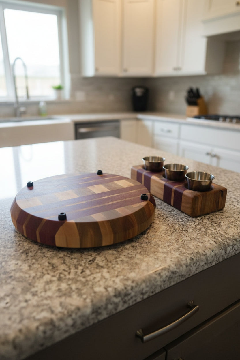Handcrafted One‑of‑a‑Kind 12" Round End‑Grain Maple & Purpleheart Serving Tray Set — 2" Thick with Rubber Feet, Matching Sauce Block & 4 Sauce Cups