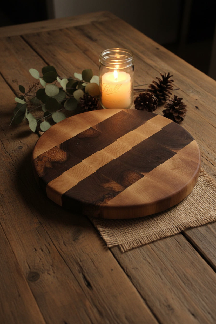 Handcrafted 12" Round End‑Grain Server — Northern Hard Maple & Black Walnut (2.5" Thick) with Rubber Feet