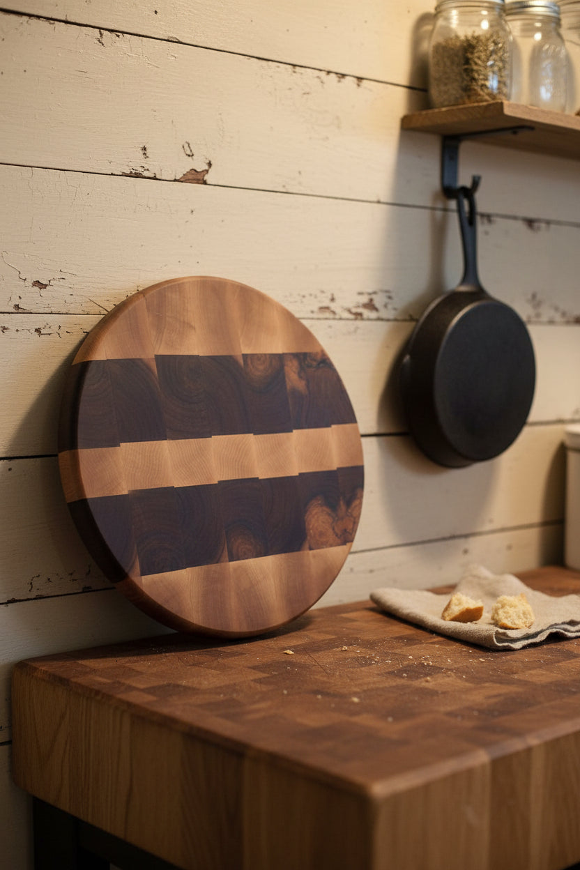 Handcrafted 12" Round End‑Grain Server — Northern Hard Maple & Black Walnut (2.5" Thick) with Rubber Feet
