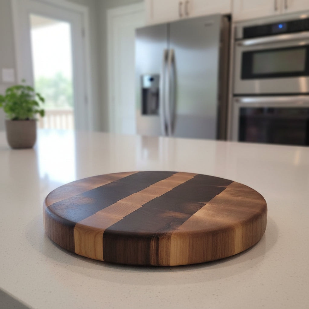 Handcrafted 12" Round End‑Grain Server — Northern Hard Maple & Black Walnut (2.5" Thick) with Rubber Feet