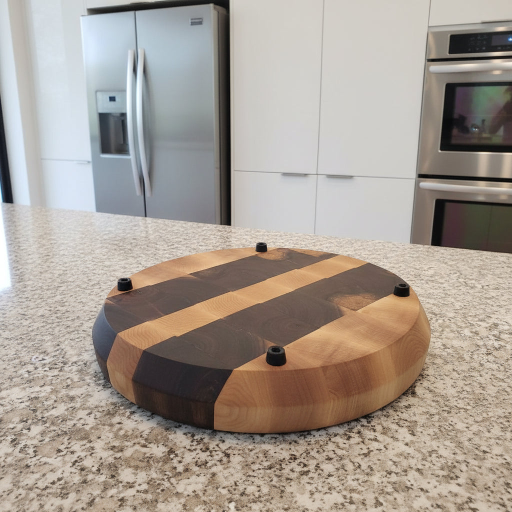 Handcrafted 12" Round End‑Grain Server — Northern Hard Maple & Black Walnut (2.5" Thick) with Rubber Feet