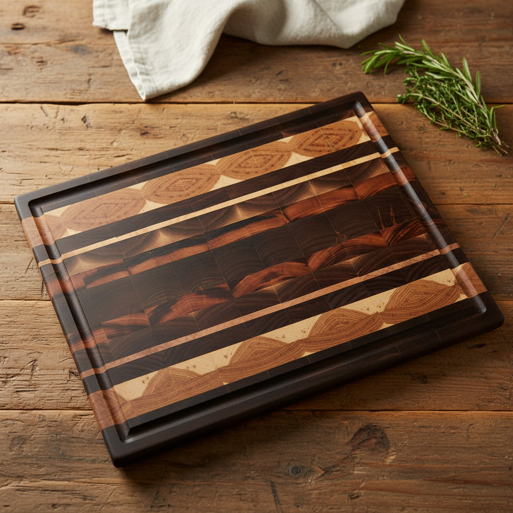 Handcrafted 14.5 × 20 × 2" End‑Grain Butcher Block — Black Walnut, Tigerwood, Hickory & Maple with Handholds, Juice Groove & Rubber Feet