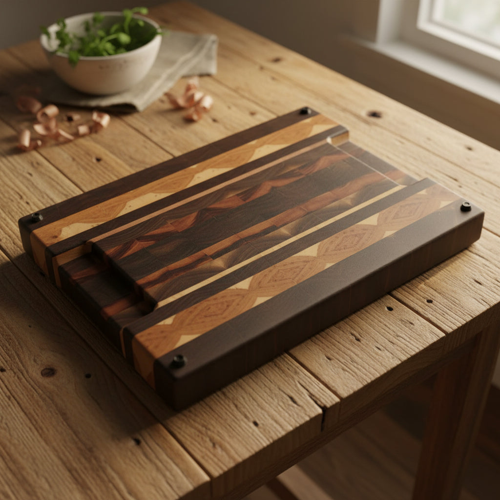 Handcrafted 14.5 × 20 × 2" End‑Grain Butcher Block — Black Walnut, Tigerwood, Hickory & Maple with Handholds, Juice Groove & Rubber Feet