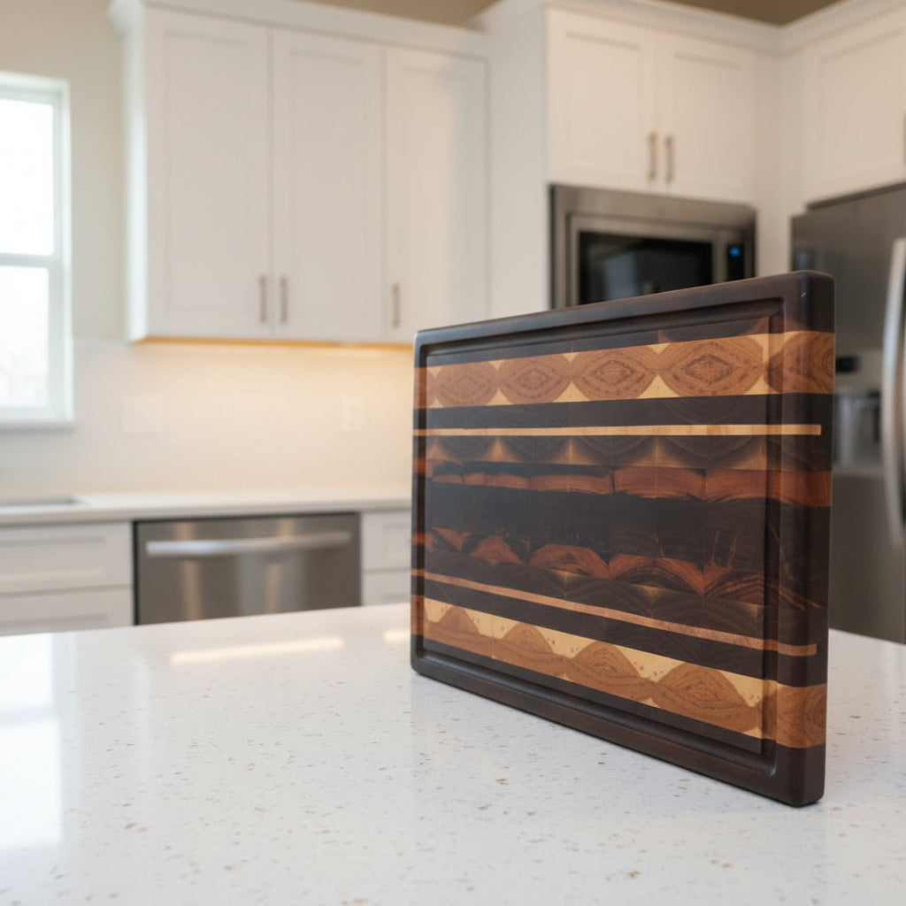 Handcrafted 14.5 × 20 × 2" End‑Grain Butcher Block — Black Walnut, Tigerwood, Hickory & Maple with Handholds, Juice Groove & Rubber Feet