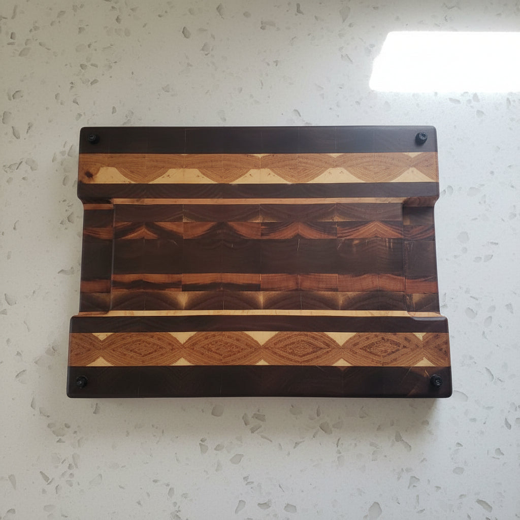 Handcrafted 14.5 × 20 × 2" End‑Grain Butcher Block — Black Walnut, Tigerwood, Hickory & Maple with Handholds, Juice Groove & Rubber Feet