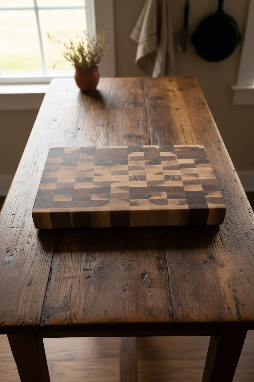 Handcrafted 10.5 × 17.5 × 2" End‑Grain Natural Hard Maple Cutting Board / Butcher Block — With Handholds & Rubber Feet
