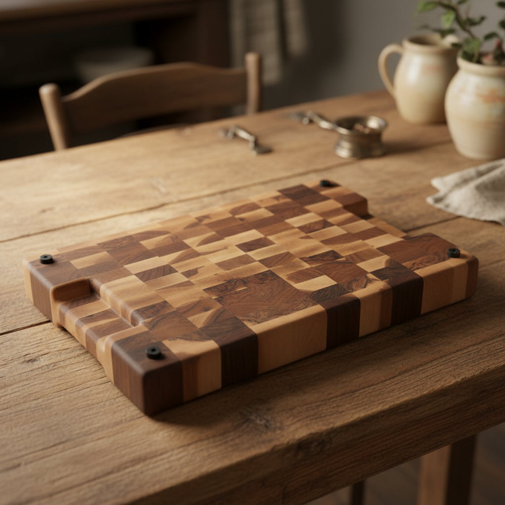 A rectangular wooden board with a checkerboard pattern made from contrasting light and dark wood tones, photographed on a speckled countertop against a white wall.