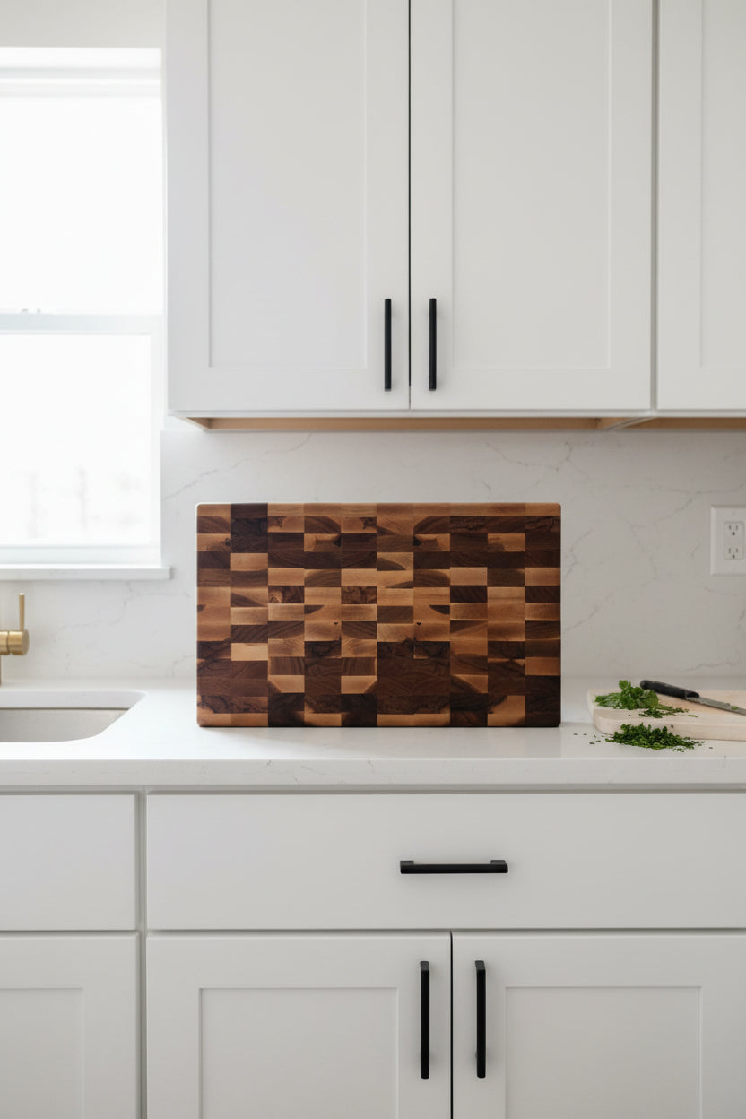 A rectangular wooden cutting board with a checkered block pattern in multiple shades of brown and tan wood, resting on a speckled granite countertop against a white wall.