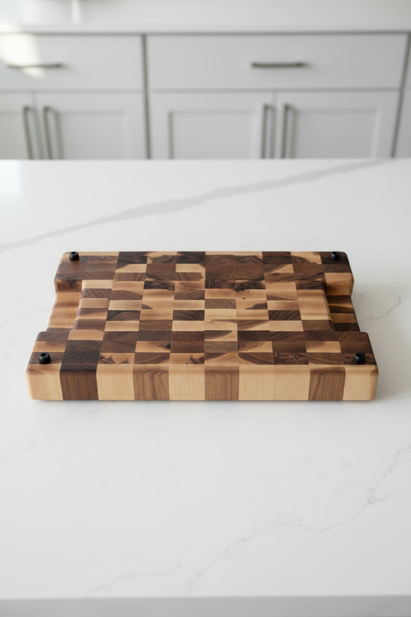 A rectangular wooden cutting board with a checkerboard pattern of light and dark wood blocks, resting on a speckled granite countertop.