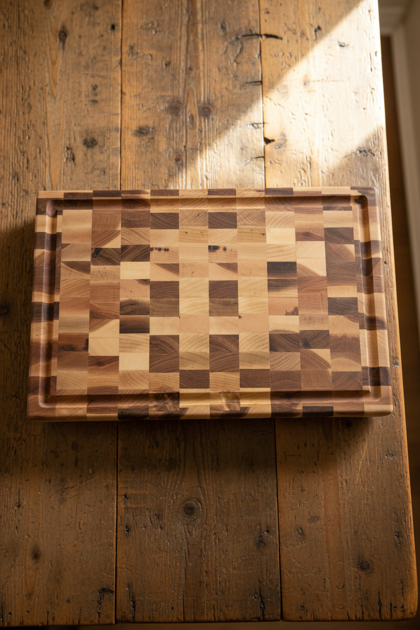 A rectangular wooden cutting board with a checkered wood-grain pattern, resting on a speckled countertop.