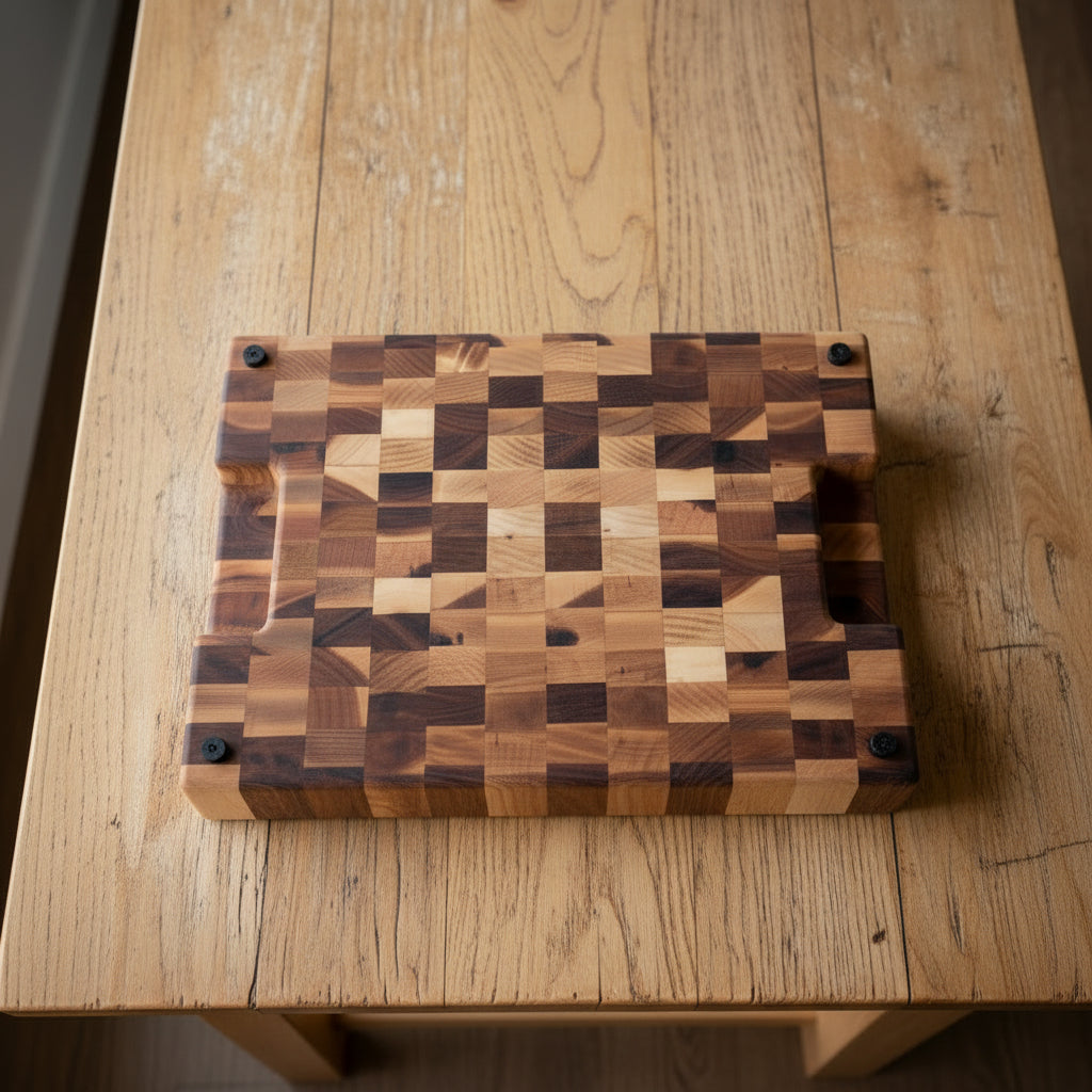 A rectangular wooden cutting board with a checkerboard pattern made from multiple shades of natural wood, standing upright on a speckled countertop.