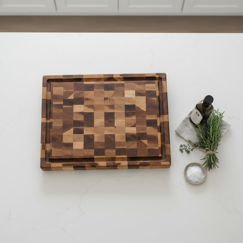 A rectangular wooden cutting board with a geometric block pattern in various shades of brown, placed on a speckled granite countertop against a white wall.