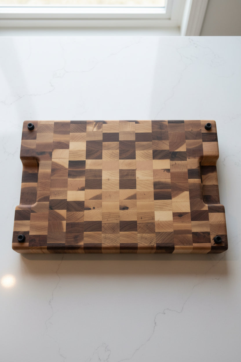 A rectangular wooden cutting board with a checkered block pattern, resting on a speckled granite countertop. The board has four black rubber feet in the corners and is photographed from a top-down perspective.
