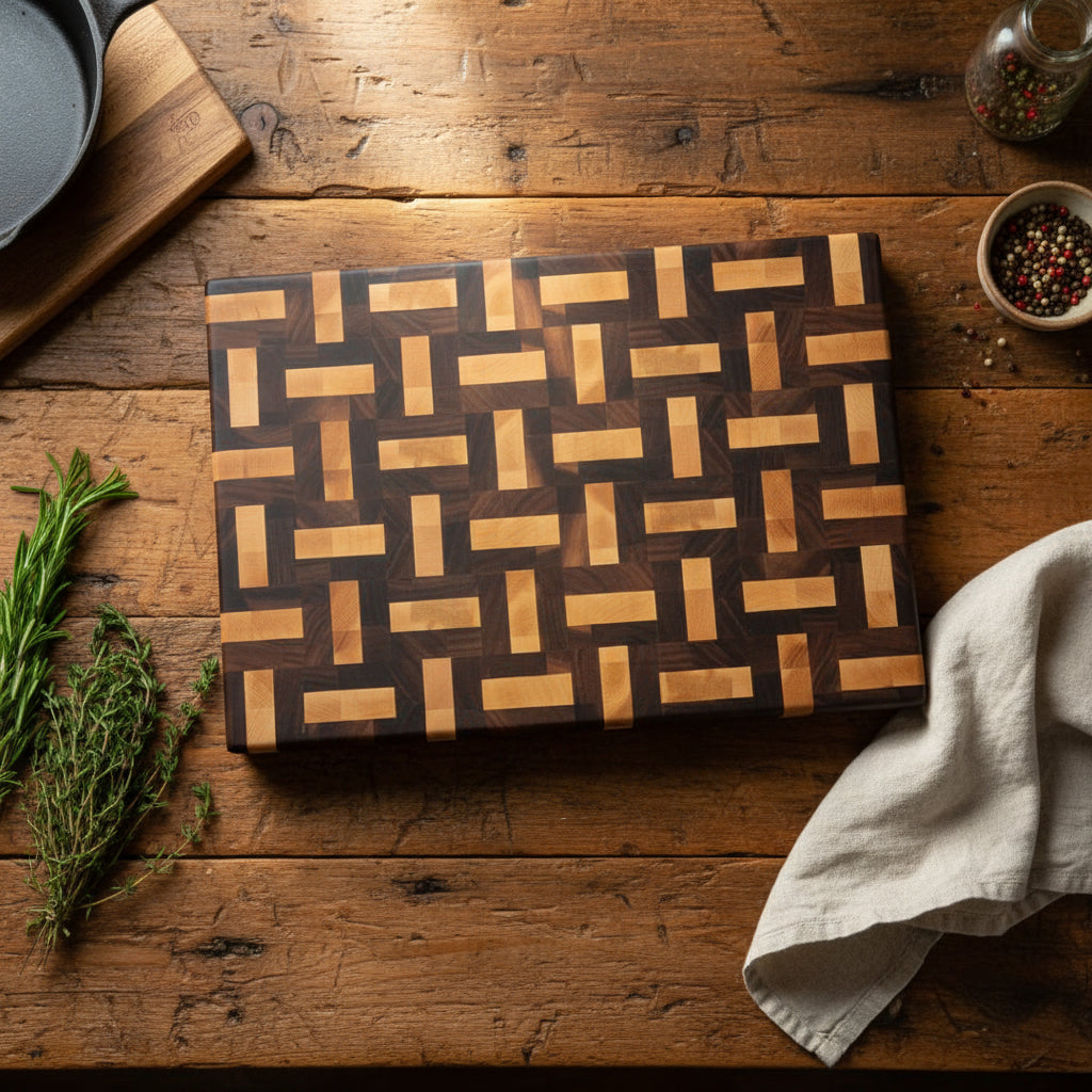 A rectangular wooden cutting board with a geometric interlocking wood pattern, resting on a speckled wooden countertop.
