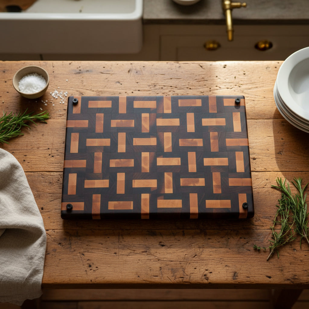 A rectangular wooden cutting board with a geometric interlocking block pattern in dark brown and light honey-toned wood, standing on a speckled wooden countertop.
